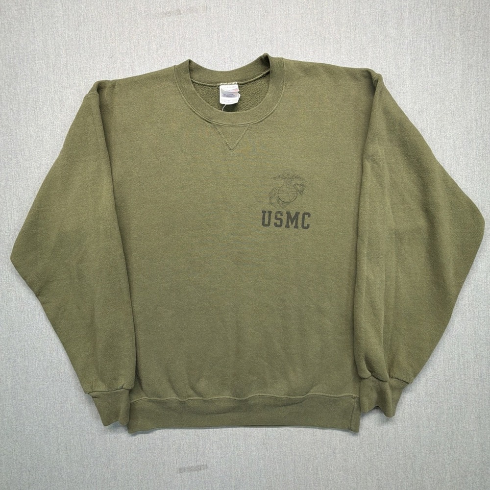 Vintage USMC Sweatshirt Mens Medium Green Marines Military Fleece Run MJ Soffe